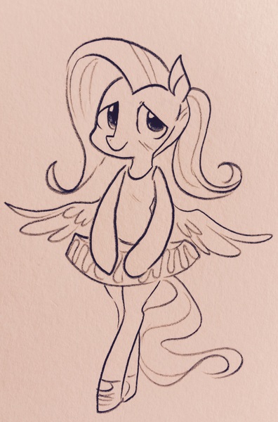 Size: 2106x3194 | Tagged: safe, artist:glacierclear, derpibooru import, fluttershy, pony, alternate hairstyle, ballerina, bipedal, clothes, monochrome, ponytail, solo, traditional art, tutu