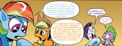 Size: 1400x526 | Tagged: safe, artist:andypriceart, derpibooru import, edit, idw, applejack, big macintosh, fluttershy, rainbow dash, rarity, spike, earth pony, pony, bluepie, comic, denied sparity, fluttermac, male, shipping, stallion, straight, text edit, twiceps