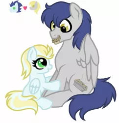 Size: 765x788 | Tagged: safe, artist:unoriginai, derpibooru import, oc, oc:clear skies, oc:muffin pie, unofficial characters only, pegasus, pony, cute, female, filly, male, muffin, offspring, parent:derpy hooves, parent:soarin', parents:derpin', pointy ponies, siblings, stallion