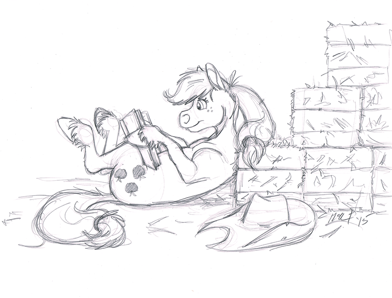 Size: 1187x904 | Tagged: safe, artist:carnivorouscaribou, derpibooru import, applejack, book, hay bale, monochrome, reading, realistic horse legs, sketch, solo, traditional art