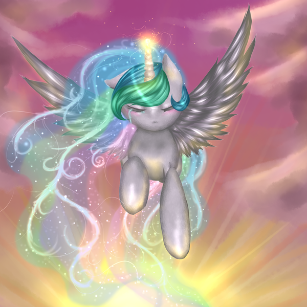 Size: 2000x2000 | Tagged: artist:kinjareta, crying, derpibooru import, flying, glowing horn, princess celestia, safe, solo, sunset