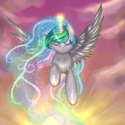 Size: 2000x2000 | Tagged: artist:kinjareta, crying, derpibooru import, flying, glowing horn, princess celestia, safe, solo, sunset