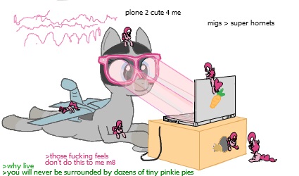 Size: 425x250 | Tagged: safe, artist:hattsy, artist:wafflecakes, derpibooru import, pinkie pie, original species, plane pony, pony, box, cardboard box, computer, flockmod, glasses, laptop computer, plane, tiny ponies, vulgar, you will never x