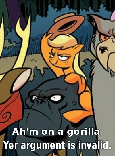 Size: 400x542 | Tagged: safe, derpibooru import, edit, idw, applejack, earth pony, gorilla, pony, spoiler:comic, spoiler:comic28, accent, caption, comic, context is for the weak, do i look angry, female, image macro, mare, meme, reaction image, smug, wat, weird, your argument is invalid