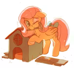 Size: 746x680 | Tagged: artist:mewball, bandage, derpibooru import, dog house, fluttershy, hammer, mouth hold, safe, solo, tail bow, wink