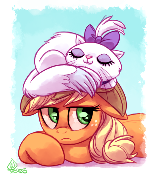 Size: 850x975 | Tagged: safe, artist:whitediamonds, derpibooru import, applejack, opalescence, cat, earth pony, pony, bow, duo, eyes closed, female, freckles, hair bow, hat, mare, rarijack daily, smiling