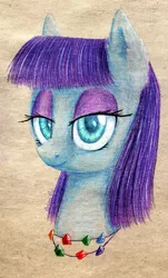 Size: 695x1150 | Tagged: safe, artist:0okami-0ni, derpibooru import, maud pie, colored pencil drawing, looking at you, portrait, rock candy necklace, smiling, traditional art, when she smiles
