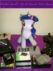 Size: 1749x2332 | Tagged: arcade stick, artist needed, atari 2600, derpibooru import, game boy advance, game boy color, gamecube, horn ring, irl, jin, logic 3, logic3, nintendo entertainment system, photo, playstation, plushie, safe, sega genesis, twilight sparkle