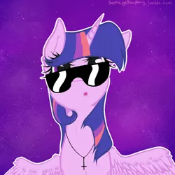 Size: 1024x1024 | Tagged: safe, artist:suenden-hund, derpibooru import, twilight sparkle, twilight sparkle (alicorn), alicorn, pony, cross of st peter, female, galaxy, hipster, inverted cross, mare, necklace, solo, sunglasses