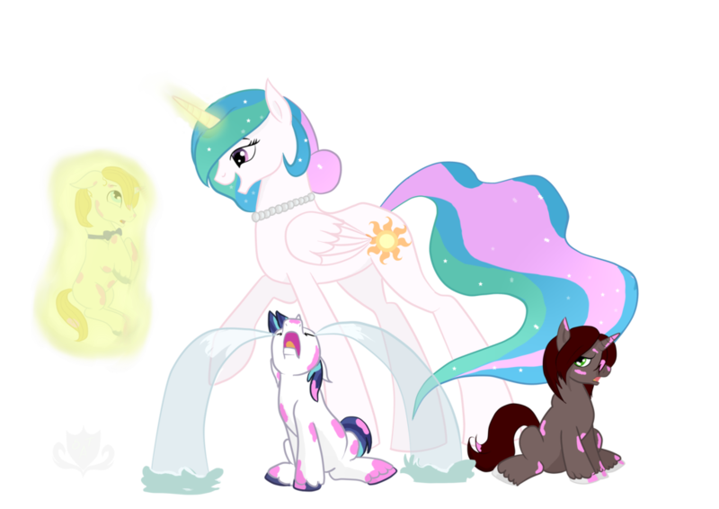 Size: 1024x724 | Tagged: alternate hairstyle, artist:stagetechyart, colt, crying, derpibooru import, exploitable meme, magic, male, meme, momlestia, necklace, oc, oc:mana fall, ocular gushers, paint, pearl, prince blueblood, princess celestia, safe, shining armor, simple background, transparent background, whining armor, younger