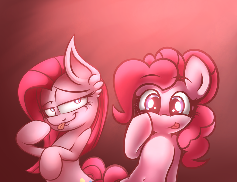 Size: 2600x2000 | Tagged: safe, artist:heavymetalbronyyeah, artist:neoncel, derpibooru import, pinkie pie, cute, duality, looking at you, pinkamena diane pie, self ponidox, silly, tongue out