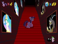 Size: 1600x1200 | Tagged: artist:greenmachine987, crossover, derpibooru import, discord, endless stairs, floppy ears, frown, glare, grin, gritted teeth, looking at you, looking back, parody, picture, princess celestia, raised hoof, safe, scared, smirk, spike, stairs, super mario 64, twilight sparkle, wide eyes