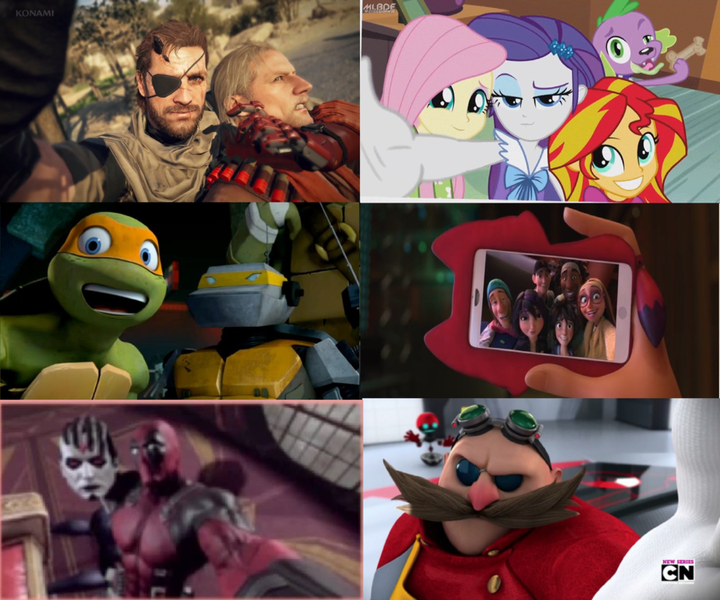 Size: 1024x853 | Tagged: safe, derpibooru import, screencap, fluttershy, honey lemon, rarity, spike, sunset shimmer, dog, equestria girls, rainbow rocks, big boss, big hero 6, comparison, crossover, deadpool, doctor eggman, fred, gogo tomago, hiro hamada, image, konami, marvel, metal gear, metal gear solid 5, metal gear v, metalhead, michelangelo, mister sinister, orbot, phone, photobomb, png, revolver ocelot, selfie, sonic boom, sonic the hedgehog (series), spike the dog, tadashi hamada, teenage mutant ninja turtles, the phantom pain, wasabi