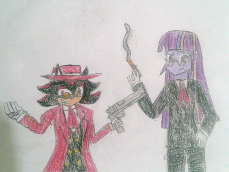 Size: 1024x768 | Tagged: safe, artist:brandonale, derpibooru import, twilight sparkle, equestria girls, alucard, cigar, cosplay, crossover, gun, hellsing, shadow the hedgehog, sir integra, sonic the hedgehog (series), traditional art