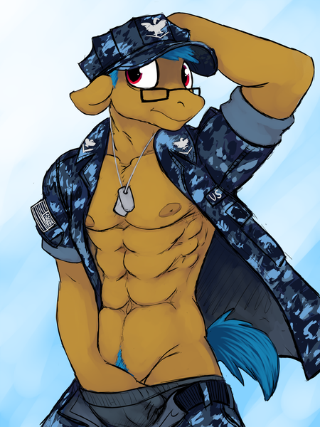 Size: 960x1280 | Tagged: abs, anthro, artist:hladilnik, bare chest, beneath clothes, clothes, cute, derpibooru import, glasses, hand in underwear, male, muscles, navy, nipples, pose, pubic hair, questionable, solo, solo male, topless, uniform, us navy