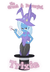 Size: 3000x4250 | Tagged: suggestive, artist:wicked-at-heart, derpibooru import, trixie, equestria girls, bedroom eyes, breasts, bunny ears, bunny suit, cleavage, clothes, female, fishnets, hat, leotard, looking at you, magic, magic trick, raised eyebrow, simple background, smiling, solo, solo female, transparent background, trixie's cape, trixie's hat, wand