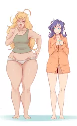 Size: 951x1543 | Tagged: suggestive, artist:sundown, derpibooru import, applejack, rarity, human, barefoot, bed hair, belly button, breasts, butt scratch, clothes, eyes closed, feet, female, freckles, horned humanization, humanized, jacqueline applebuck, juliette d'rarie, lesbian, midriff, open mouth, panties, rarijack, shipping, shirt, simple background, size difference, underwear, white background, yawn