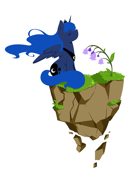 Size: 523x700 | Tagged: safe, artist:yoonny92, derpibooru import, princess luna, dirt cube, eyes closed, floating island, flower, simple background, solo, white background