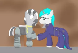 Size: 896x608 | Tagged: safe, artist:minty candy, derpibooru import, oc, oc:minty candy, oc:nikolai, unofficial characters only, cyborg, pony, unicorn, zebra, fallout equestria, fallout equestria: occupational hazards, clothes, glasses, power armor, story