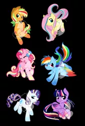 Size: 1926x2856 | Tagged: safe, artist:fuyusfox, derpibooru import, applejack, fluttershy, pinkie pie, rainbow dash, rarity, twilight sparkle, twilight sparkle (alicorn), alicorn, pony, black background, chibi, female, mane six, mare, rainbow power, simple background, watermark