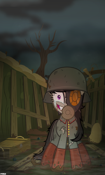 Size: 3024x5040 | Tagged: artist:a4r91n, blood, boots, clothes, crate, creepy, creepy smile, crying, derpibooru import, dirty, gas mask, grimdark, helmet, insanity, kriegtavia, messy mane, mud, night, octavia melody, ptsd, shell shock, shoes, smiling, solo, stahlhelm, thousand yard stare, trench, uniform, war, world war i