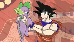 Size: 1920x1080 | Tagged: artist:malamol, crossover, derpibooru import, dragon ball z, frown, glare, goku, holding, safe, saiyan, spike, :t, this will end in tears, unamused, wavy mouth, wide eyes