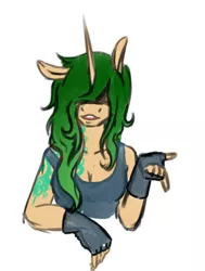 Size: 500x661 | Tagged: safe, artist:twitchygreyfox, derpibooru import, oc, oc:splendid sigh, unofficial characters only, anthro, unicorn, clothes, hair over eyes, tattoo