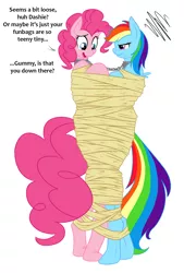 Size: 1466x2173 | Tagged: anthro, artist:spiderweber, bondage, bound, bound together, bound wings, breast bondage, breasts, busty pinkie pie, busty rainbow dash, captured, collar, derpibooru import, dialogue, female, fetish, frown, glare, humor, implied gummy, linked collars, mummification, nose wrinkle, open mouth, pinkie pie, rainbow dash, raised eyebrow, simple background, slave, smiling, suggestive, unamused, unguligrade anthro, white background