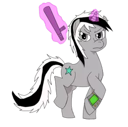 Size: 900x892 | Tagged: safe, artist:elvis-lopez, artist:wildfirethesmug, derpibooru import, oc, oc:seren starfall, unofficial characters only, pony, unicorn, fallout equestria, fallout equestria: hidden enemies, baton, cutie mark, female, frown, glare, glowing horn, horn, levitation, looking at you, magic, mare, pipbuck, raised hoof, raised leg, simple background, telekinesis, transparent background, vector