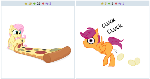 Size: 514x273 | Tagged: safe, artist:glacierclear, artist:zutheskunk edits, derpibooru import, fluttershy, scootaloo, pegasus, pony, derpibooru, bipedal, eating, egg, exploitable meme, female, filly, food, giant food, image, juxtaposition, juxtaposition win, laying an egg, mare, meat, meme, meta, oviposition, pepperoni, pepperoni pizza, pizza, png, ponies eating meat, puffy cheeks, scootachicken