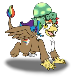 Size: 826x870 | Tagged: safe, artist:breezepleeze, derpibooru import, tank, oc, oc:rainbow feather, gryphon, tortoise, cute, happy, interspecies offspring, magical lesbian spawn, offspring, open mouth, parent:gilda, parent:rainbow dash, parents:gildash, pet, running, shadow, simple background, smiling, spread wings, transparent background