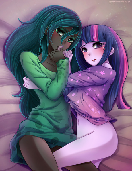 Size: 1280x1656 | Tagged: questionable, artist:guinefurrie, derpibooru import, queen chrysalis, twilight sparkle, equestria girls, belly button, blushing, bottomless, clothes, female, heart eyes, humanized, imminent sex, kiss on the hand, kissing, lesbian, looking at you, nightgown, pajamas, pony coloring, sexy, shipping, skirt, twibutt, twisalis, upskirt, wingding eyes