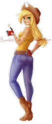 Size: 501x1190 | Tagged: applejack, artist:bumblebun, boots, clothes, coin, derpibooru import, human, humanized, jeans, safe, shirt, solo, watermark