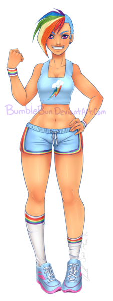 Size: 410x1091 | Tagged: artist:bumblebun, derpibooru import, human, humanized, midriff, rainbow dash, safe, solo