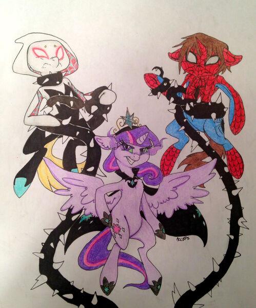 Size: 1144x1375 | Tagged: safe, artist:ameliacostanza, derpibooru import, twilight sparkle, twilight sparkle (alicorn), alicorn, pony, black vine, corrupted, crossover, female, gwen stacy, mare, marvel, peter parker, sombra eyes, spider-gwen, spider-man, spider-woman, spiders and magic iv: the fall of spider-mane, spiders and magic: rise of spider-mane, spidertwi, traditional art, twivine sparkle, vine