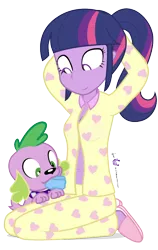 Size: 570x900 | Tagged: safe, artist:dm29, derpibooru import, spike, twilight sparkle, dog, equestria girls, belly button, clothes, duo, mouth hold, pajamas, ponytail, scrunchie, simple background, spike the dog, transparent background