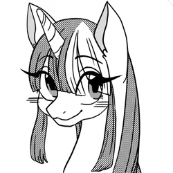 Size: 600x600 | Tagged: safe, artist:homeya, derpibooru import, oc, unofficial characters only, pony, unicorn, bangs, blushing, bust, cute, female, grayscale, hair over eyes, hime cut, looking sideways, monochrome, portrait, simple background, smiling, solo
