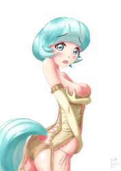 Size: 2894x4093 | Tagged: adorasexy, arm under breasts, artist:s1k bo1, ass, bad anatomy, blushing, breasts, busty coco pommel, cleavage, clothes, coco pommel, cute, derpibooru import, evening gloves, female, garter belt, human, humanized, lingerie, looking at you, looking back, looking back at you, open mouth, panties, sexy, side knot underwear, simple background, socks, solo, solo female, stockings, suggestive, tailed humanization, thigh highs, underwear, white background