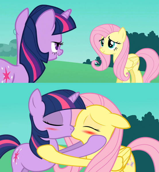 Size: 1200x1300 | Tagged: blushing, derpibooru import, female, fluttershy, kissing, lesbian, safe, shipping, twilight sparkle, twishy