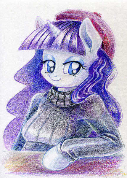 Size: 600x839 | Tagged: anthro, arm hooves, artist:maytee, beatnik rarity, beret, clothes, derpibooru import, hat, rarity, safe, solo, traditional art