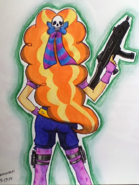 Size: 720x960 | Tagged: safe, artist:emichaca, derpibooru import, adagio dazzle, equestria girls, badass, gun, machine gun, no trigger discipline, skorpion evo 3a1, solo