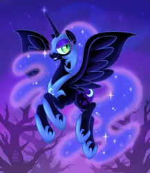 Size: 866x1000 | Tagged: safe, artist:onnanoko, derpibooru import, nightmare moon, alicorn, pony, dead tree, female, flying, mare, night, signature, smiling, solo, tree