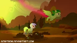 Size: 1920x1082 | Tagged: safe, artist:szinthom, derpibooru import, lyra heartstrings, oc, oc:rico, pegasus, pony, flying, motion blur, open mouth, sepia, smiling, smirk, spread wings, sun, sunset, watching