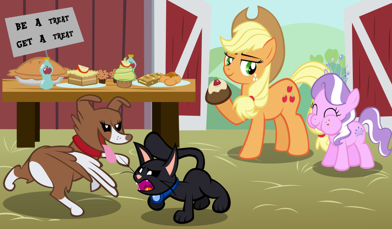 Size: 1000x584 | Tagged: applejack, apple pie, artist:magerblutooth, barn, cat, chase, collar, derpibooru import, dessert, diamond tiara, dog, eating, oc, oc:dazzle, pet, safe, sweet apple acres, table, winona