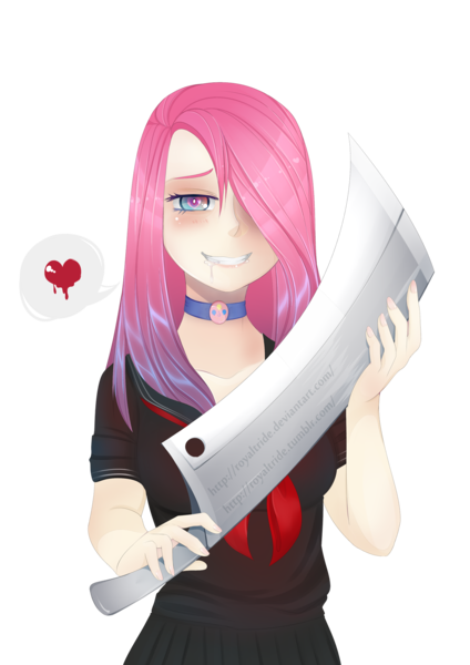 Size: 1414x2000 | Tagged: artist:slyblue7, cleaver, dead source, derpibooru import, higurashi no naku koro ni, human, humanized, knife, pinkamena diane pie, pinkie pie, rena ryuugu, safe, sailor uniform, solo, watermark, when the cicadas cry, yandere, yandere pie