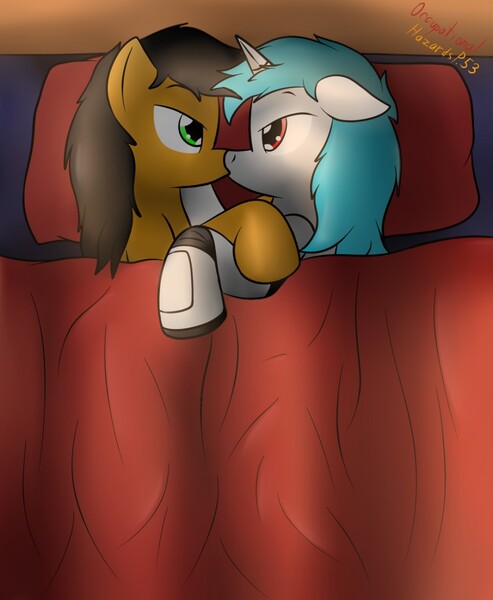 Size: 1051x1280 | Tagged: safe, artist:the-furry-railfan, derpibooru import, oc, oc:minty candy, oc:twintails, unofficial characters only, cyborg, pegasus, pony, unicorn, fallout equestria, fallout equestria: occupational hazards, bed, gay, kissing, male, on bed, story