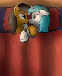 Size: 1051x1280 | Tagged: safe, artist:the-furry-railfan, derpibooru import, oc, oc:minty candy, oc:twintails, unofficial characters only, cyborg, pegasus, pony, unicorn, fallout equestria, fallout equestria: occupational hazards, bed, gay, kissing, male, on bed, story