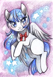 Size: 693x1000 | Tagged: safe, artist:paulina-ap, derpibooru import, oc, unofficial characters only, pegasus, pony, blushing, bow, solo, stars