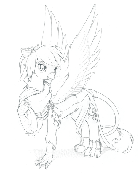 Size: 3448x4413 | Tagged: safe, artist:longinius, derpibooru import, oc, oc:rainbow feather, unofficial characters only, gryphon, bow, clothes, cold, dress, gala dress, grayscale, hair bow, interspecies offspring, jewelry, lineart, monochrome, offspring, parent:gilda, parent:rainbow dash, parents:gildash, scarf, solo
