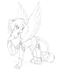 Size: 3448x4413 | Tagged: safe, artist:longinius, derpibooru import, oc, oc:rainbow feather, unofficial characters only, gryphon, bow, clothes, cold, dress, gala dress, grayscale, hair bow, interspecies offspring, jewelry, lineart, monochrome, offspring, parent:gilda, parent:rainbow dash, parents:gildash, scarf, solo